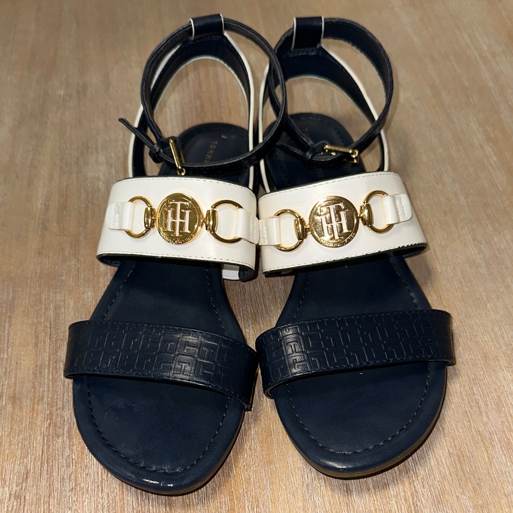Tommy Hilfiger Navy & White Logo Medallion Sandals with Gold Hardware